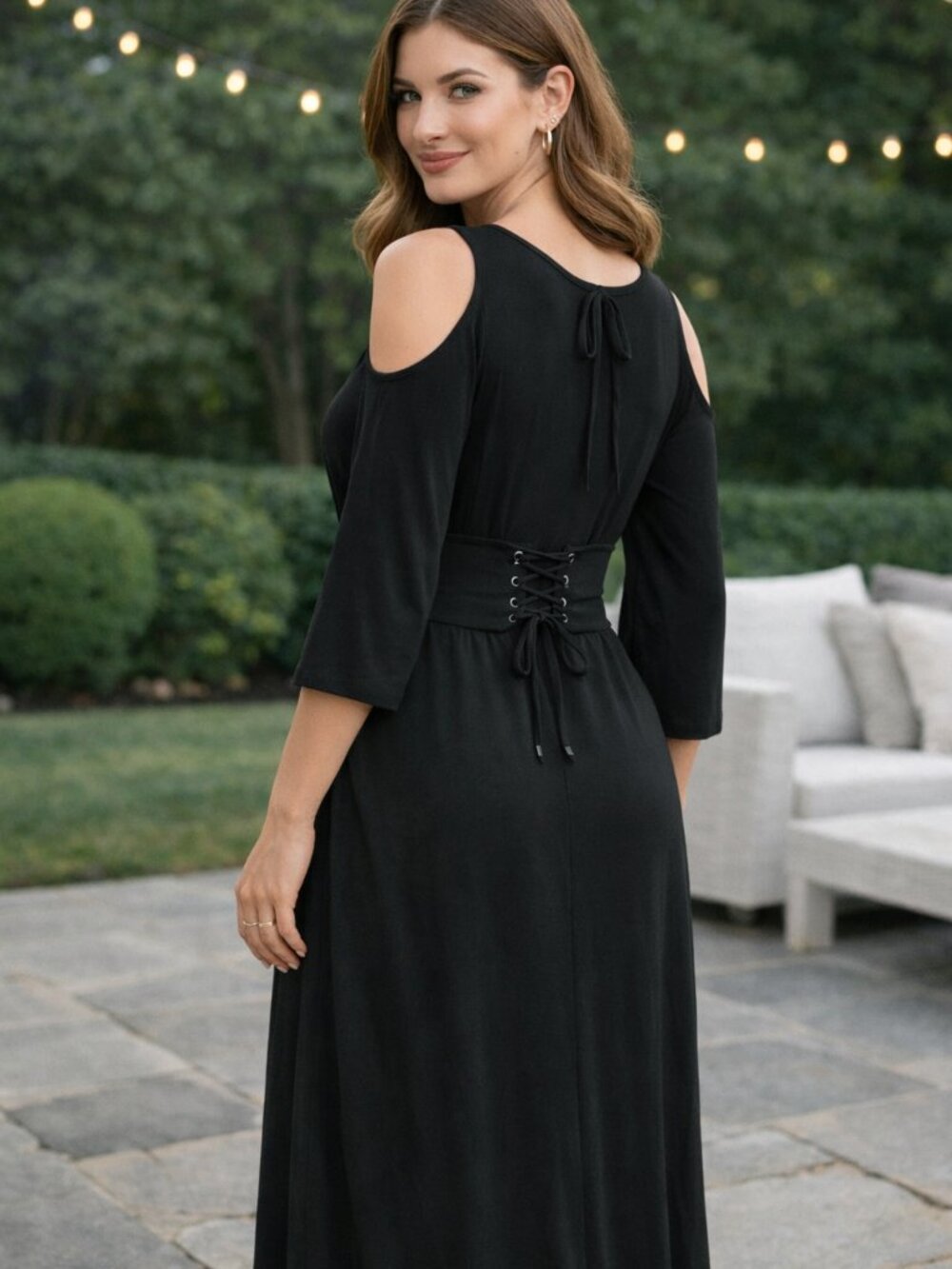 Escada Black Cold Shoulder Back Tie Dress Size 42 Designer Cocktail Evening